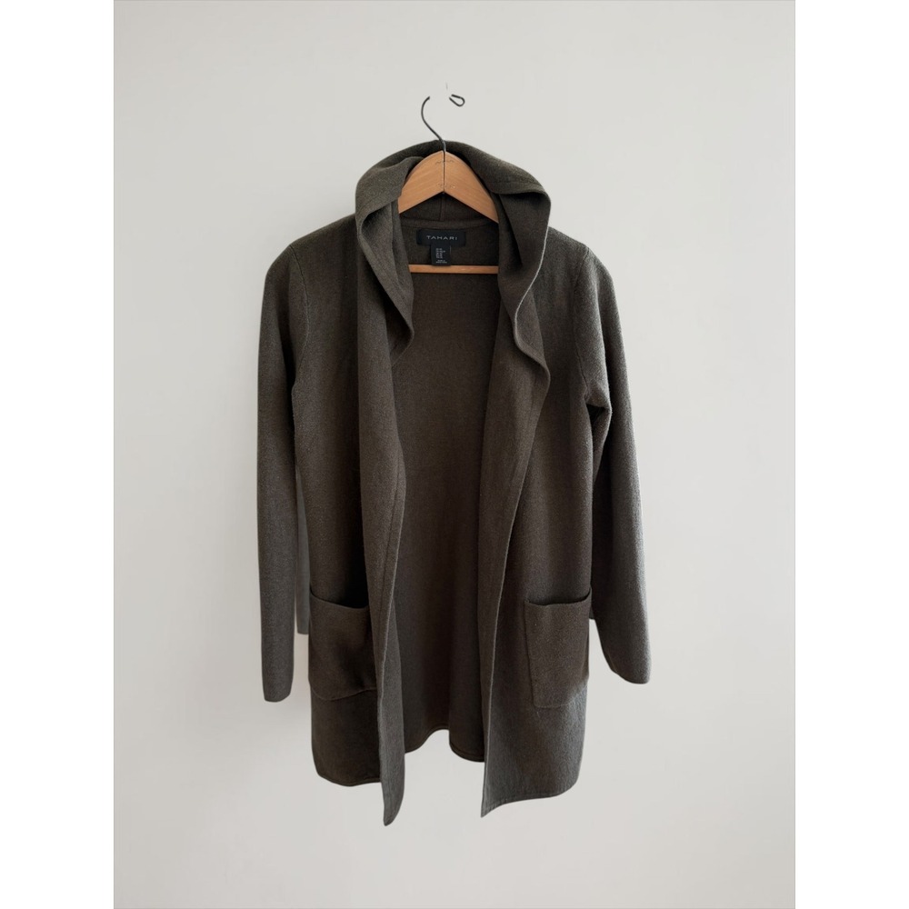 Tahari Womens Olive Green Hooded Open Front Cardigan Sweater XS Longline Pocket